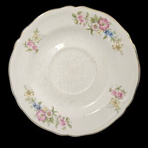 Edwin M Knowles Floral Saucers Set 5 Gold Trim Semi Vitreous USA